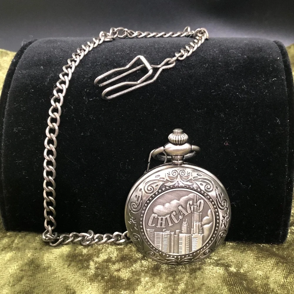 Silver Tone Pocket Watch with Chain - Chicago NWOT